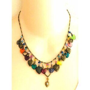 Vintage Glass Works Studio Multi Color Glass & Brass Heart Charm Necklace